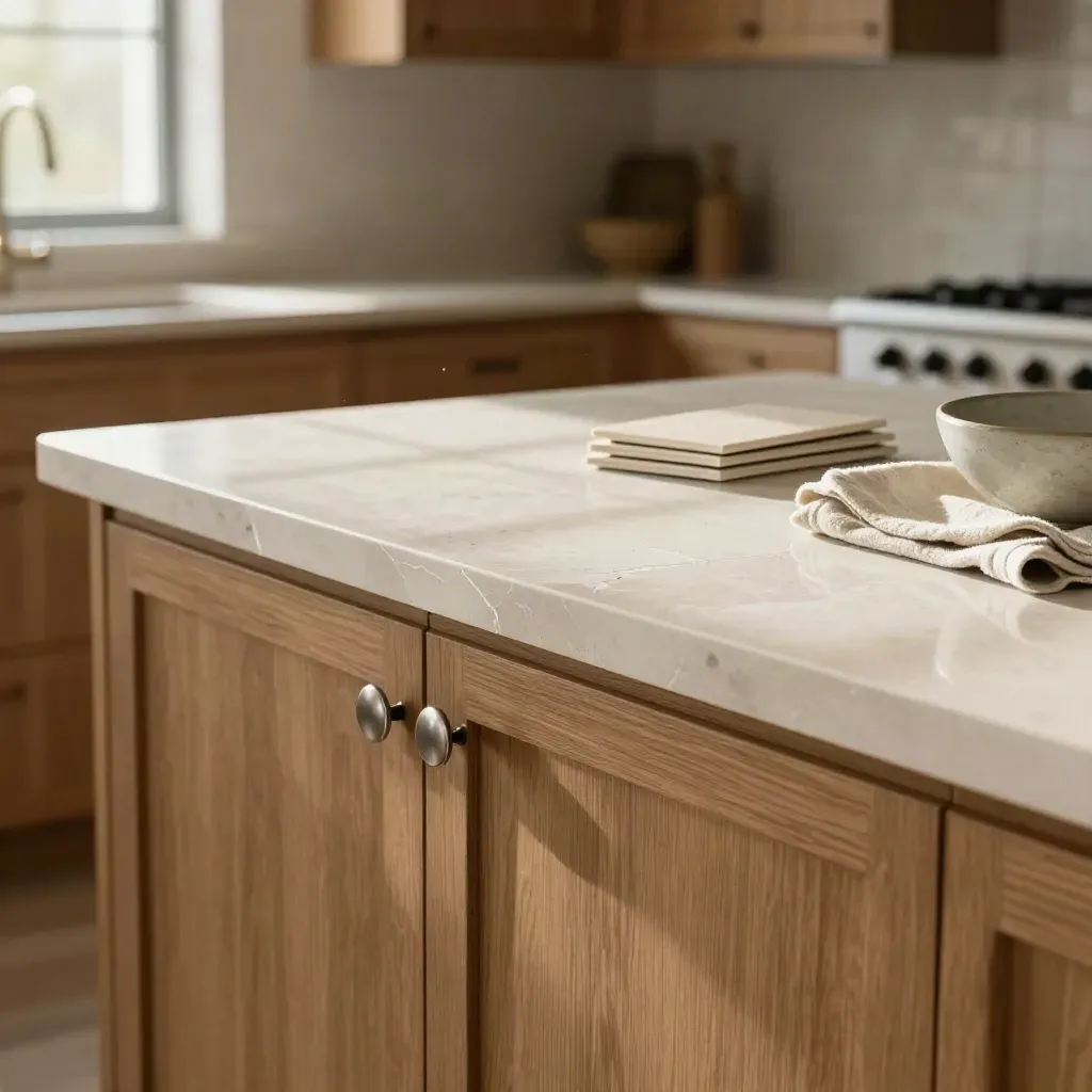 Pale quartz island in a bright upgraded Canadian kitchen with tile samples and brushed hardware.