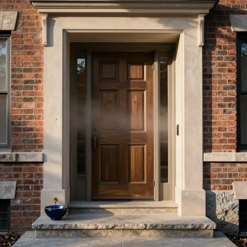 Fresh front entrance with new door, stone step, and key bowl in warm late light