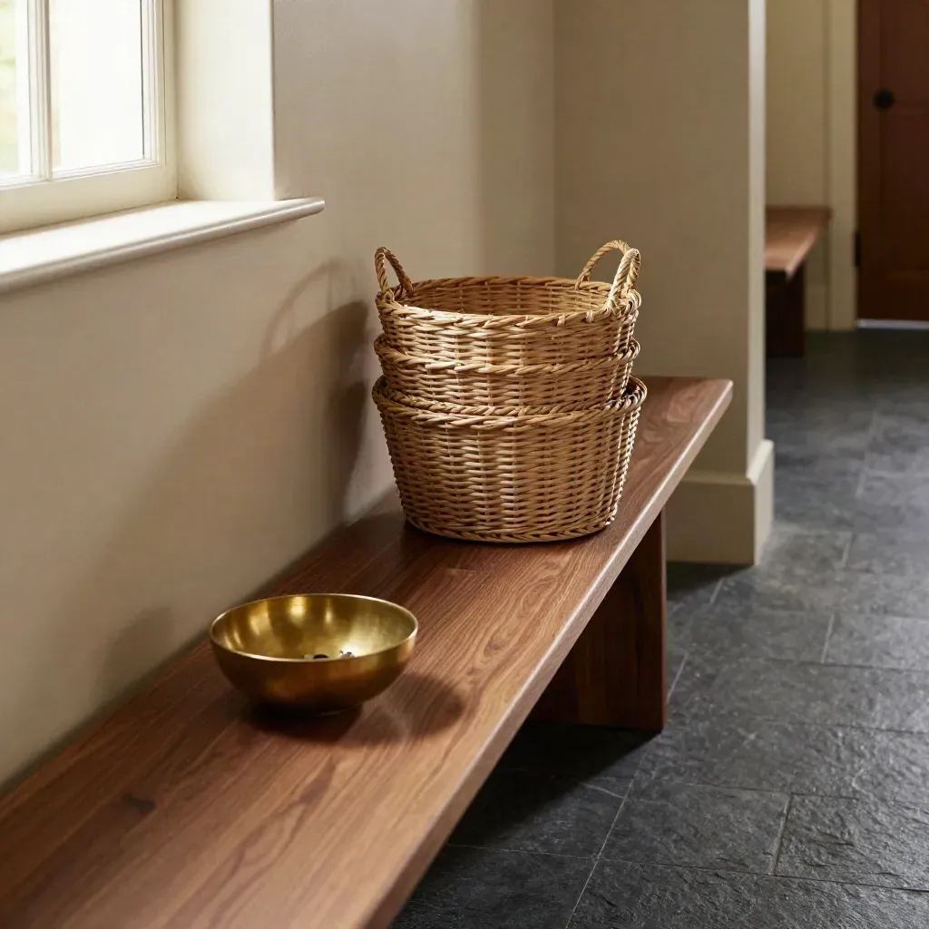 Calm mudroom bench, brass key bowl, and woven baskets in a simplified home entry