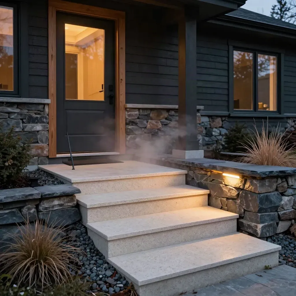 Twilight side door with travertine steps, subtle path lights, and warm glow from within.