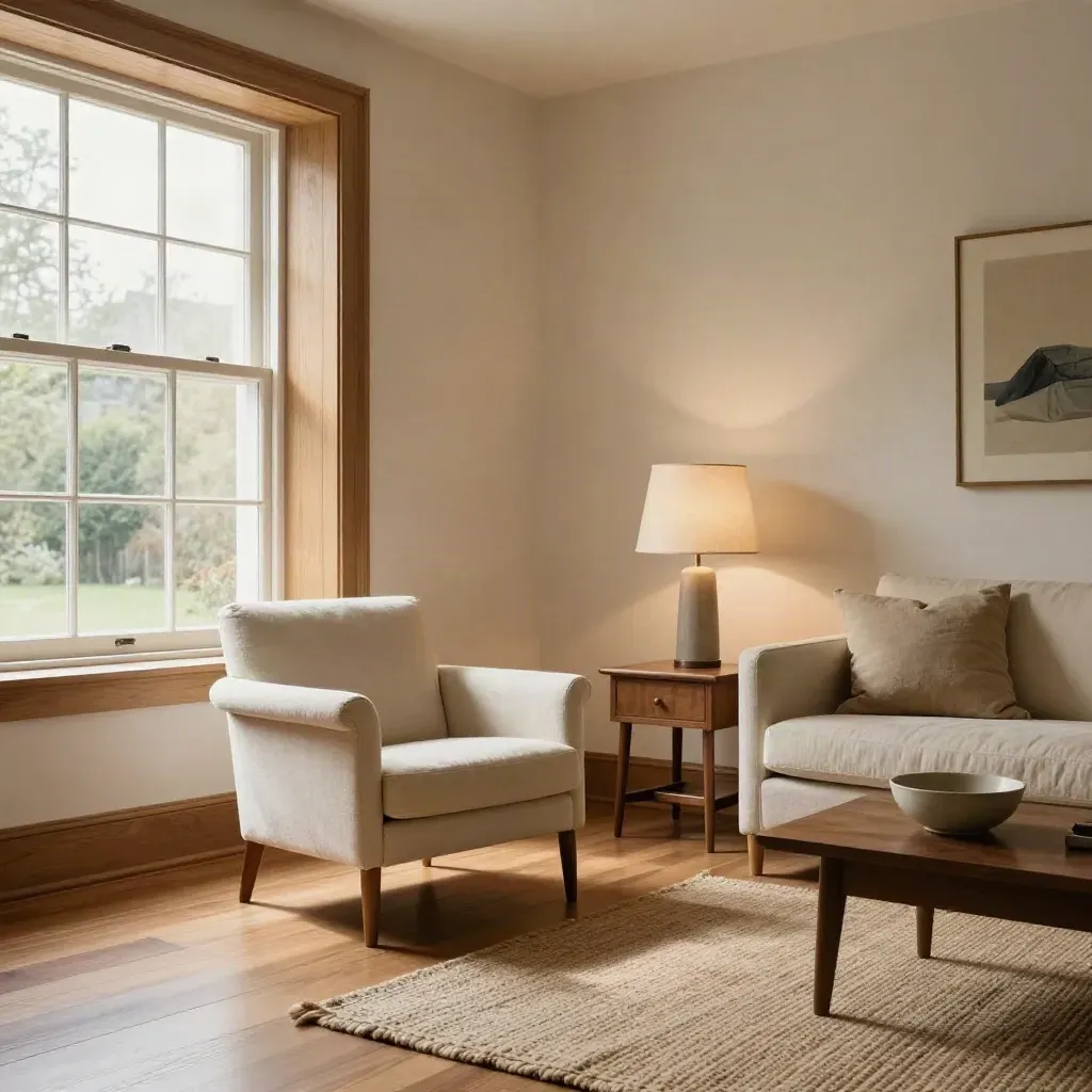 Preserved bungalow living room in warm afternoon light, calm and intact after equity release.