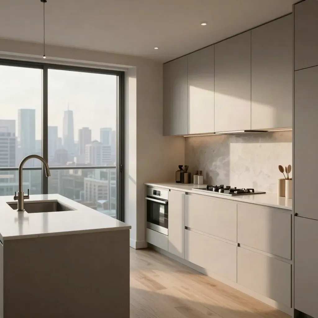 Toronto condo kitchen with new quartz counters, repaired ceiling, integrated appliances, and hazy skyline
