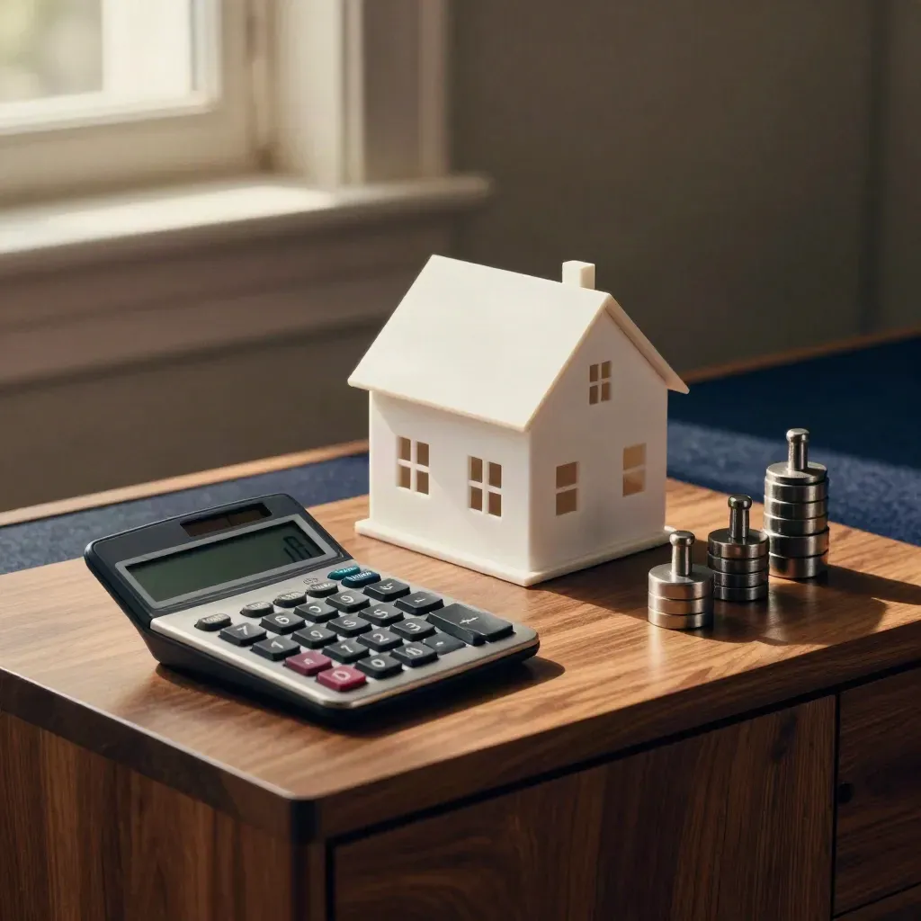 Calculator, house model and balance weights in a dramatic finance still life