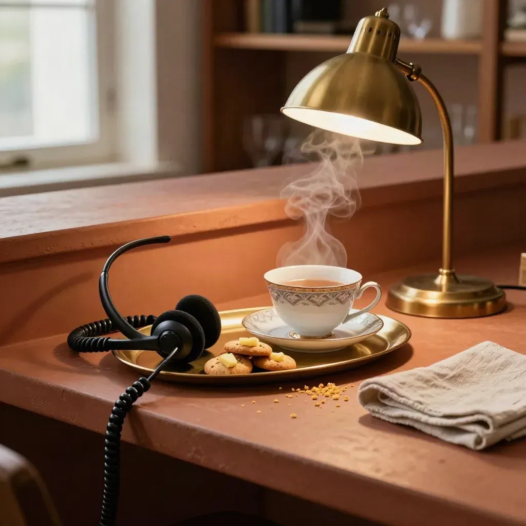 Steam rises from tea beside a headset, cookies, and a brass lamp on a terracotta counter.