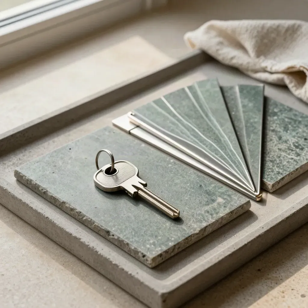 Stone tiles, house key, and metal divider fanned on a tray with soft side light.