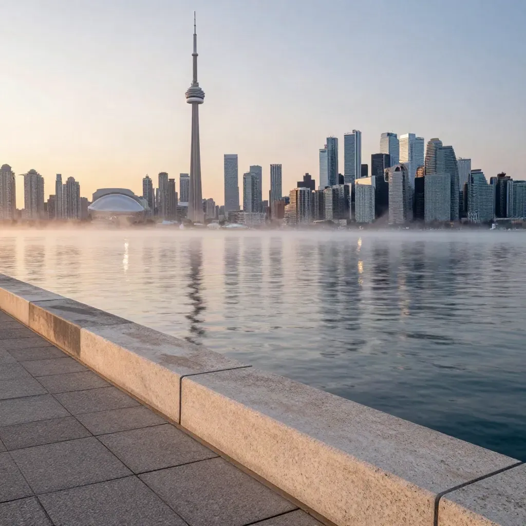 Toronto skyline over Lake Ontario at dawn with mist and calm water