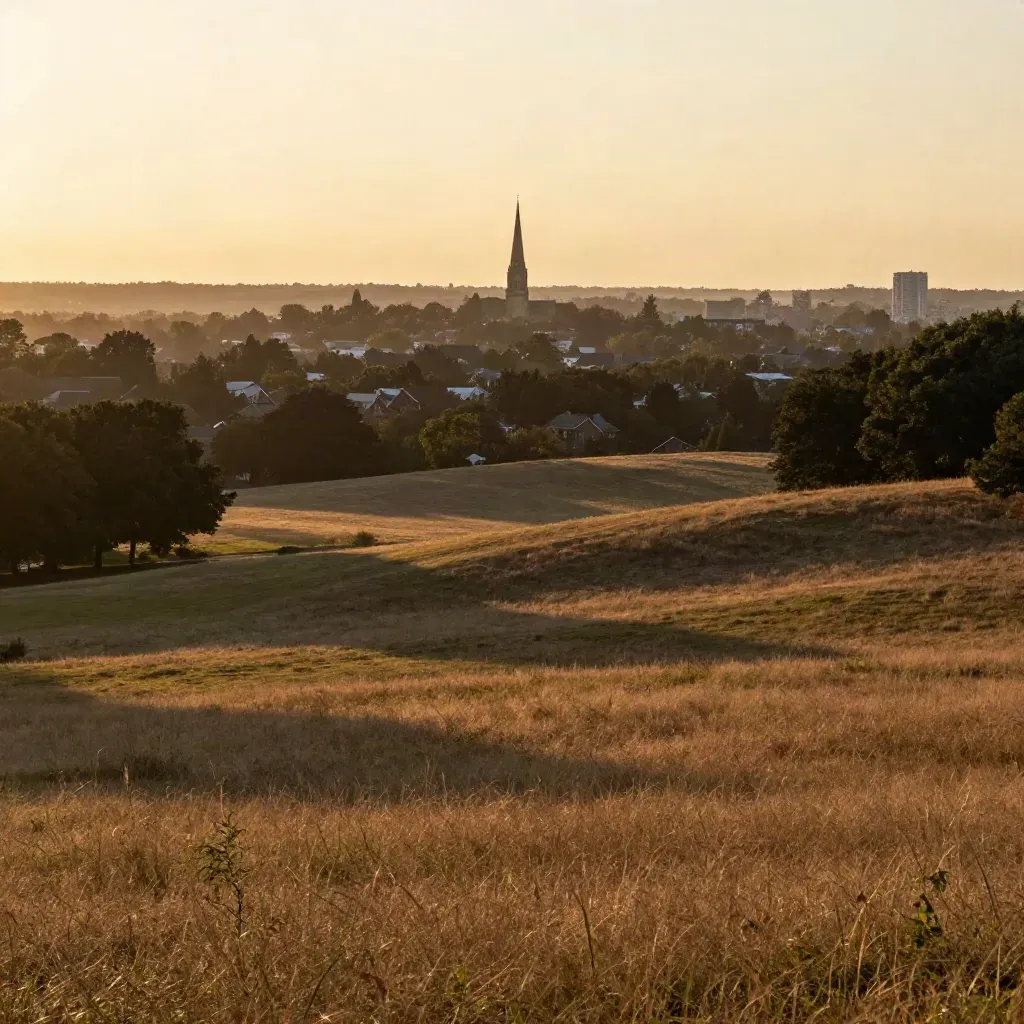 Golden-hour York Region greenbelt with a church spire and distant high-rises in warm haze.