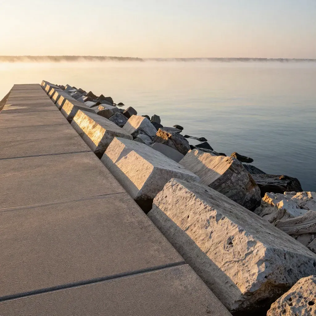 Weathered Durham Region breakwater with still water and dawn haze